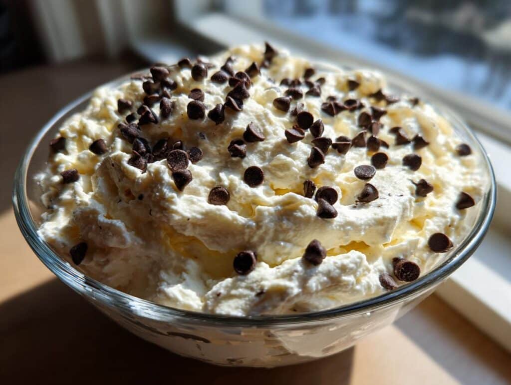 Close-up of a fluffy, creamy Easy Booty Dip Recipe topped generously with mini chocolate chips in a glass bowl.