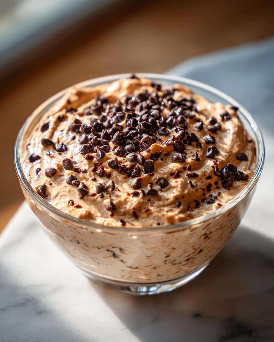 A close-up of a glass bowl filled with creamy Easy Booty Dip Recipe topped with mini chocolate chips.