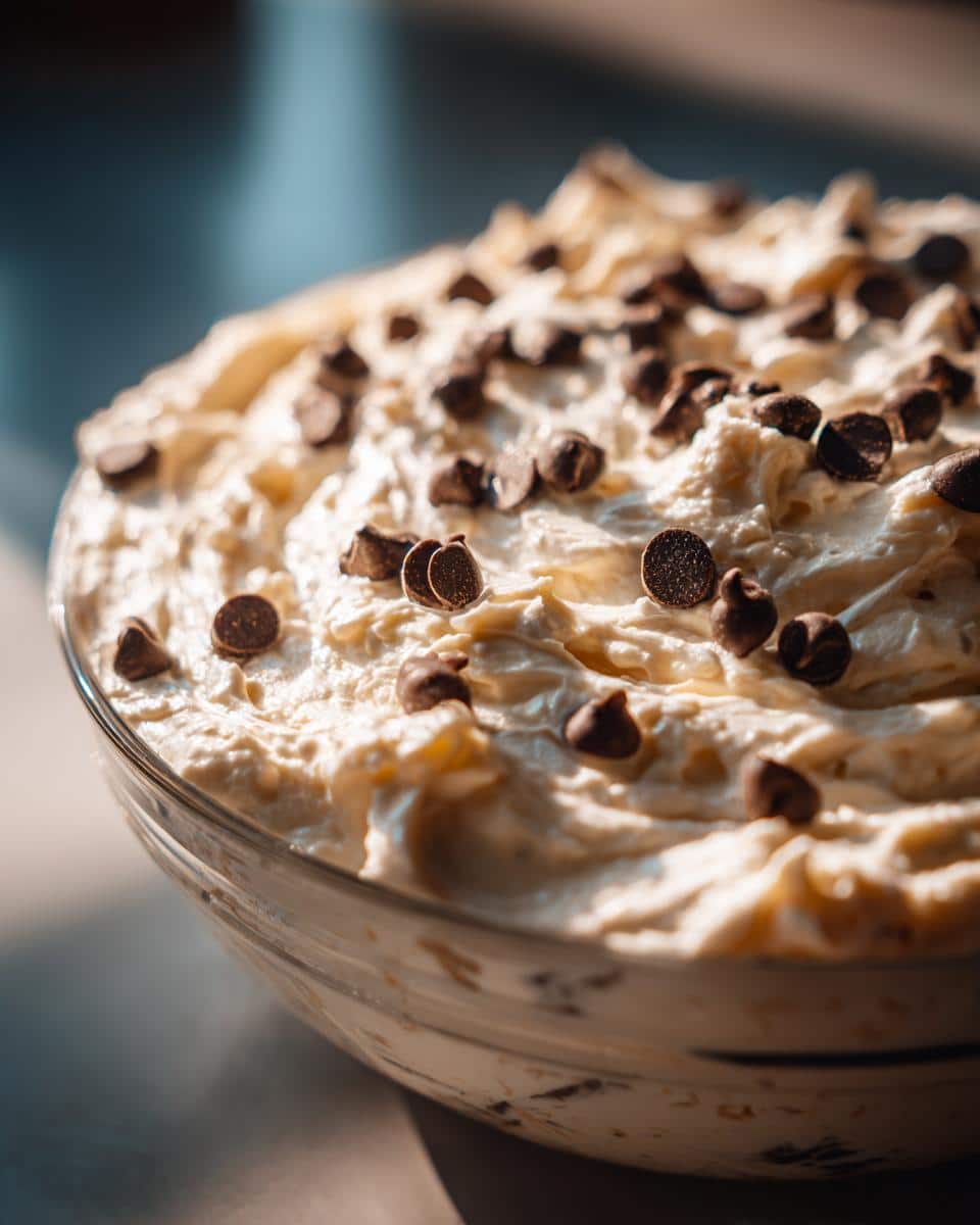 Close-up of a creamy Easy Booty Dip Recipe topped with chocolate chips in a glass bowl.