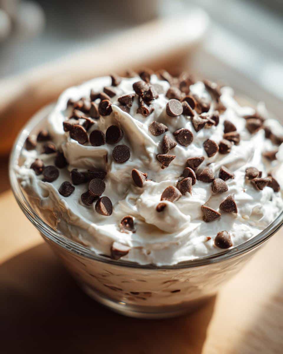 A close-up of a glass bowl filled with creamy Easy Booty Dip Recipe, topped generously with chocolate chips.