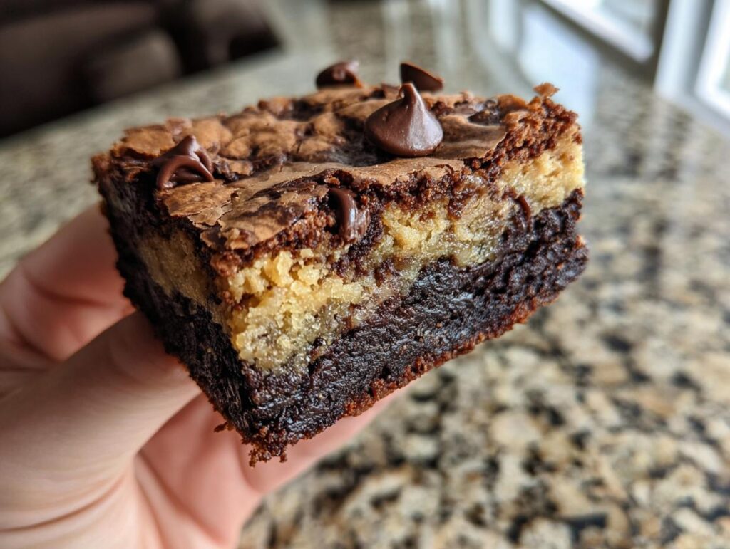 A hand holds a delicious brookie, a layered bar with a brownie bottom and cookie top, topped with chocolate chips.