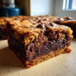 Close-up of a rich, fudgy brownie layered with a chewy cookie top, showcasing chocolate chips in this easy brookies recipe.