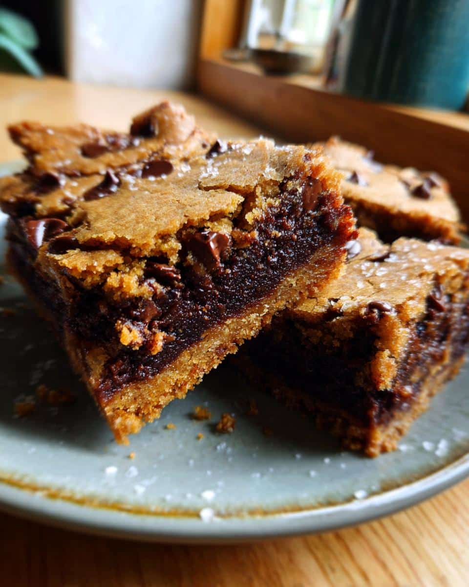 Close-up of two delicious easy brookies recipe slices on a plate, showcasing the brownie and cookie layers with chocolate chips.