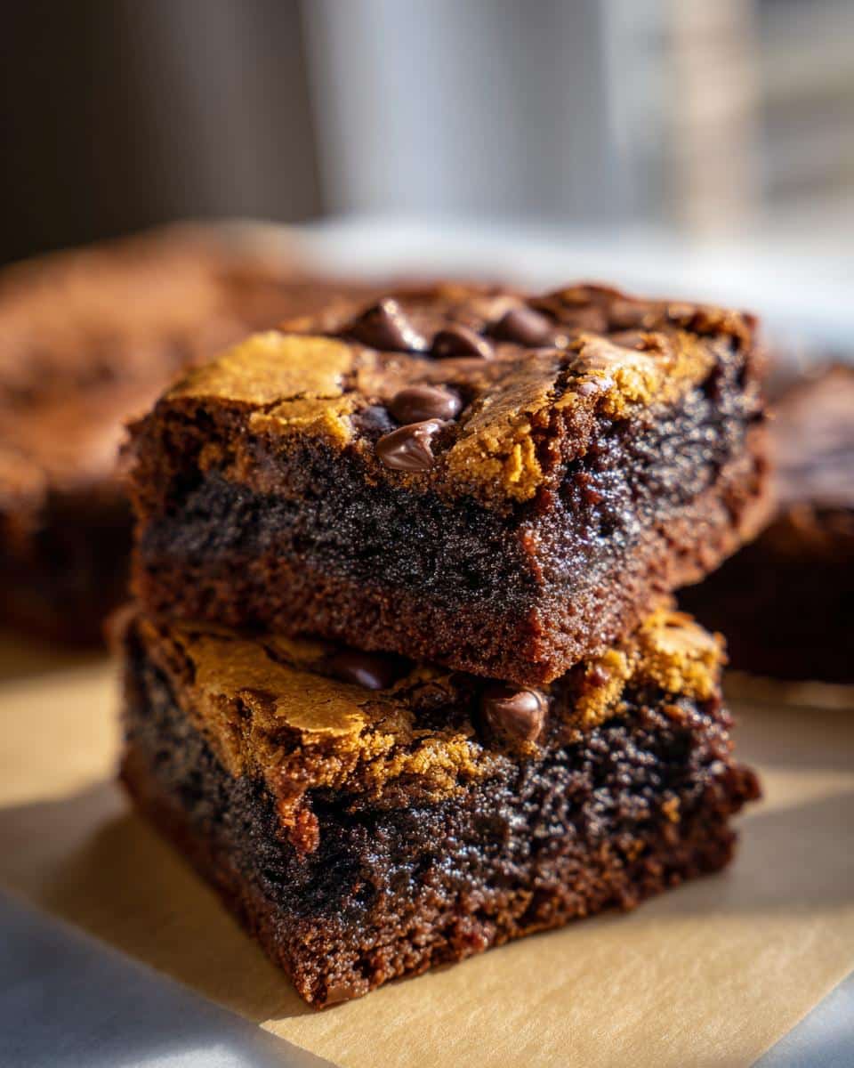Close-up of two stacked brookies, a chocolate brownie base topped with a blondie layer and chocolate chips.
