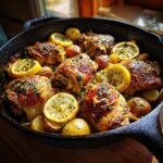 Close-up of juicy, golden-brown chicken thighs roasted with lemon slices and baby potatoes in a cast iron skillet.