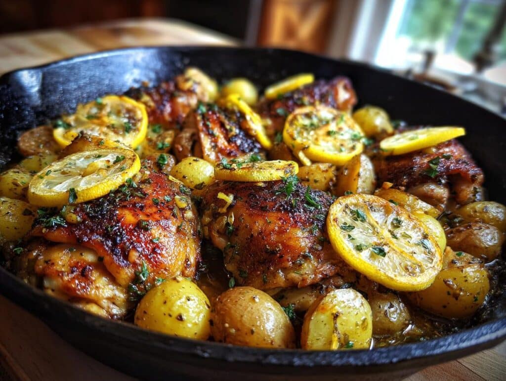 Close-up of easy cast iron chicken recipe featuring golden-brown chicken pieces, roasted potatoes, and lemon slices in a cast iron skillet.