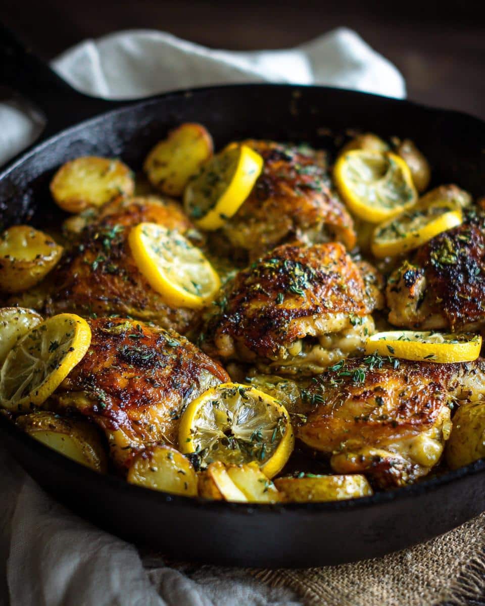 Golden brown chicken thighs baked with lemon slices and potatoes in a cast iron skillet, a perfect example of easy cast iron chicken recipes.