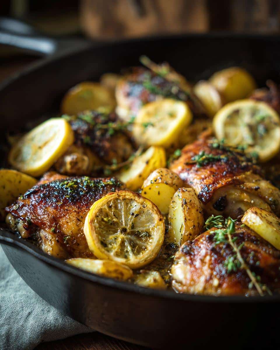 A close-up of juicy, golden-brown chicken thighs roasted with potatoes and lemon slices in a cast iron skillet.