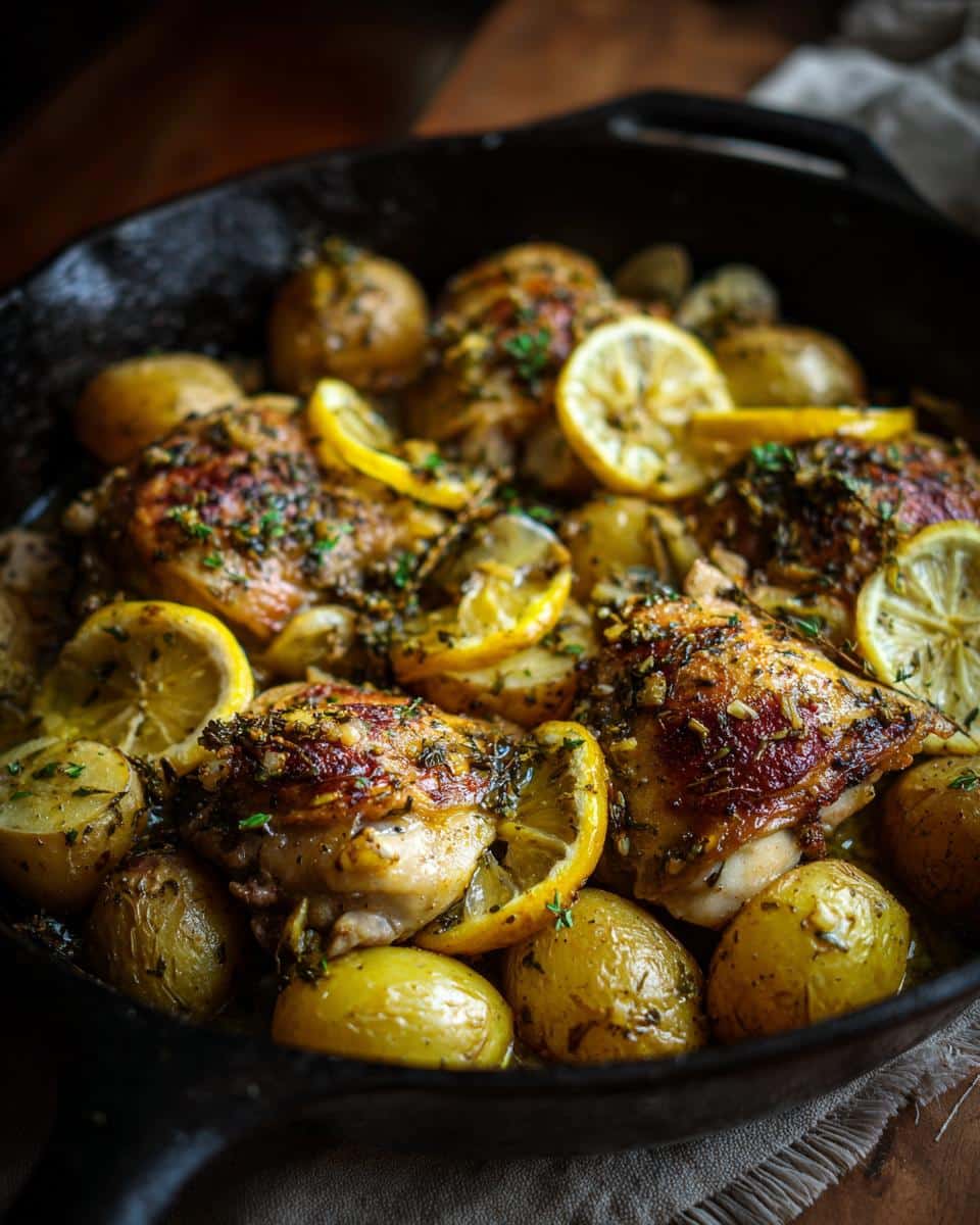 A close-up of juicy, golden-brown chicken thighs baked with baby potatoes and lemon slices in a cast iron skillet.