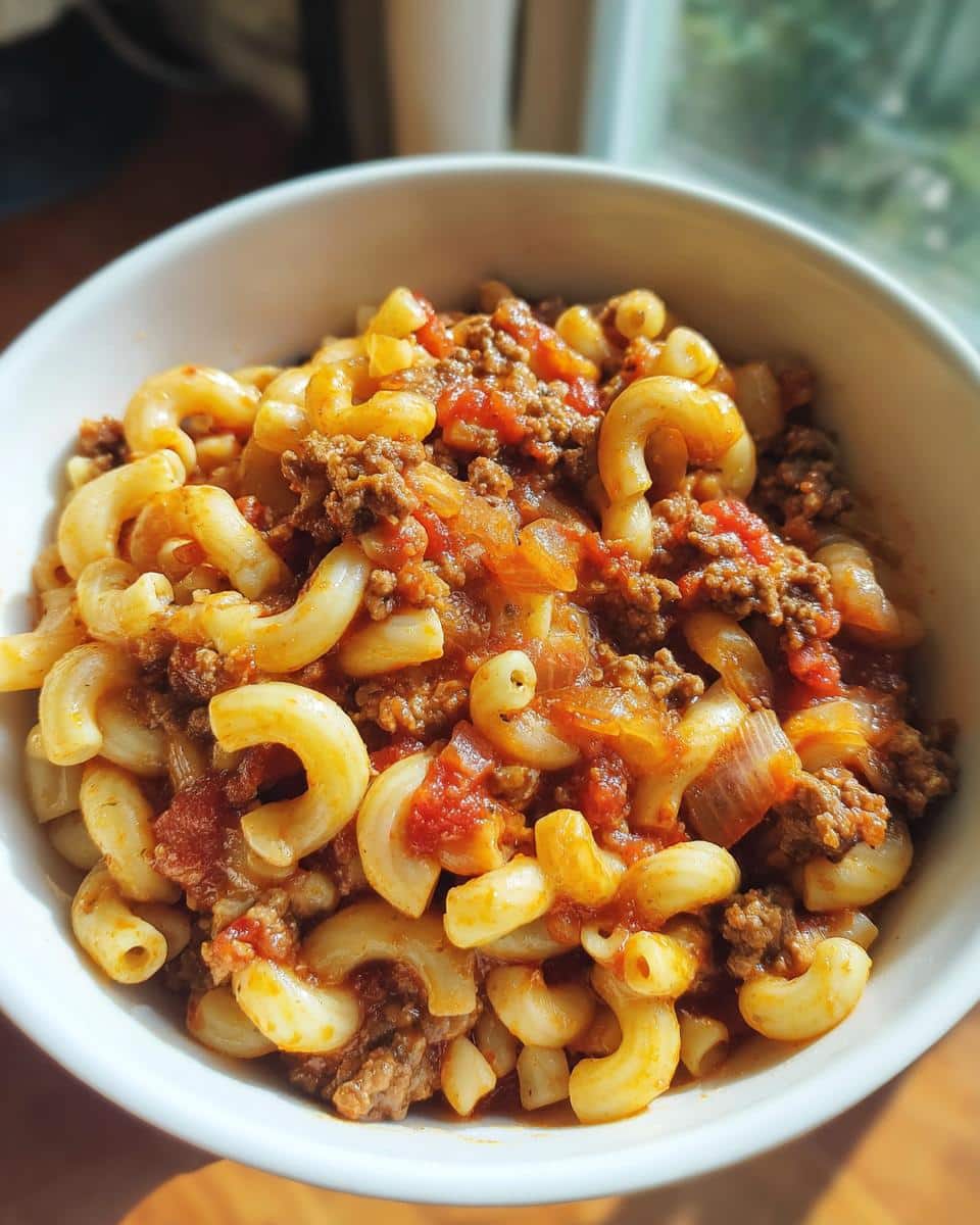 A close-up of a bowl filled with easy goulash recipe ground beef and macaroni pasta in a rich tomato sauce.
