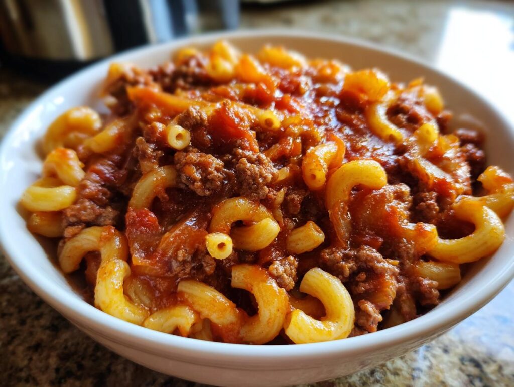 A bowl of easy goulash recipe with ground beef and elbow macaroni in a rich tomato sauce.