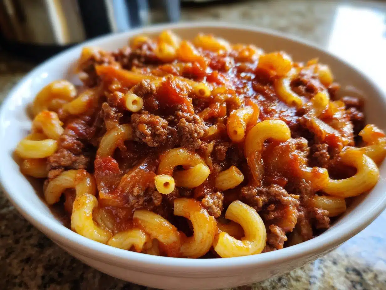 A bowl of easy goulash recipe with ground beef and elbow macaroni in a rich tomato sauce.