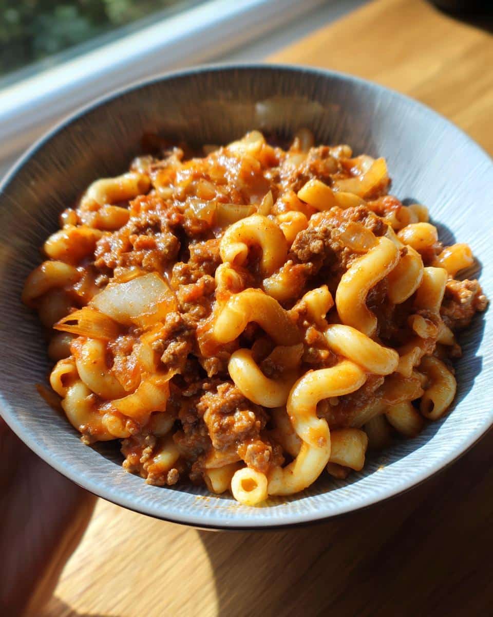 A bowl of easy goulash recipe with ground beef, pasta, and onions in a rich tomato sauce.