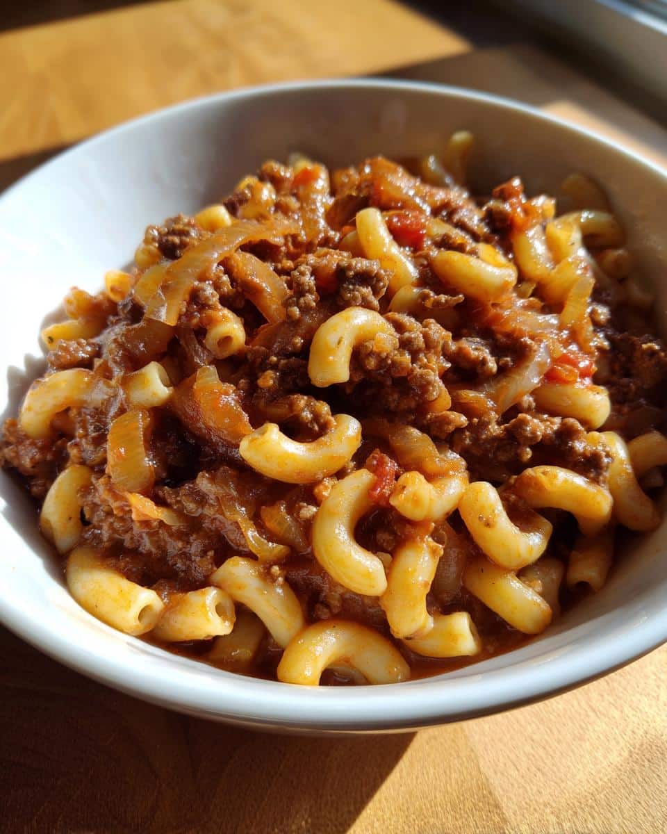 A bowl of easy goulash recipe with ground beef, macaroni pasta, and onions in a rich tomato sauce.