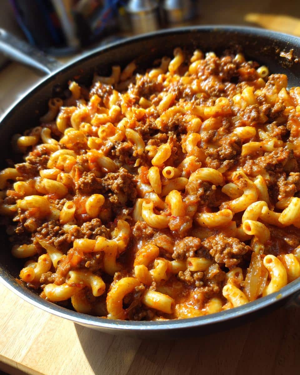 Close-up of a skillet filled with easy goulash recipe ground beef and macaroni pasta in a rich tomato sauce.