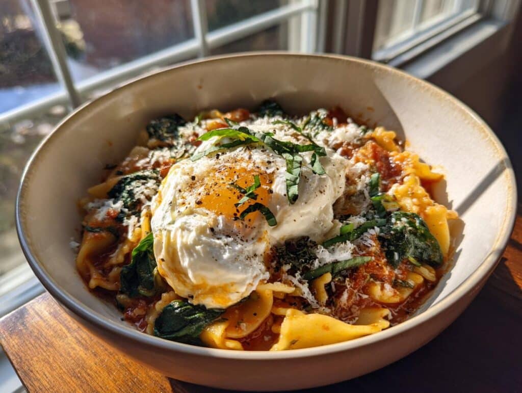 A bowl of Easy Lasagna Soup Recipe topped with a poached egg, fresh basil, and grated cheese.