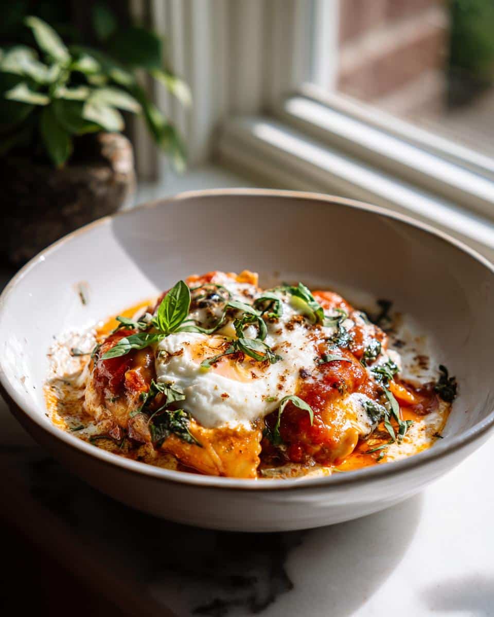 A bowl of Easy Lasagna Soup Recipe topped with a fried egg, tomato sauce, and fresh basil leaves.