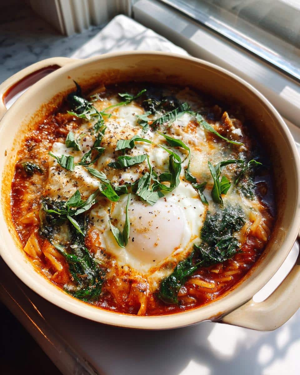 A bowl of Easy Lasagna Soup Recipe topped with a fried egg, melted cheese, fresh spinach, and basil.