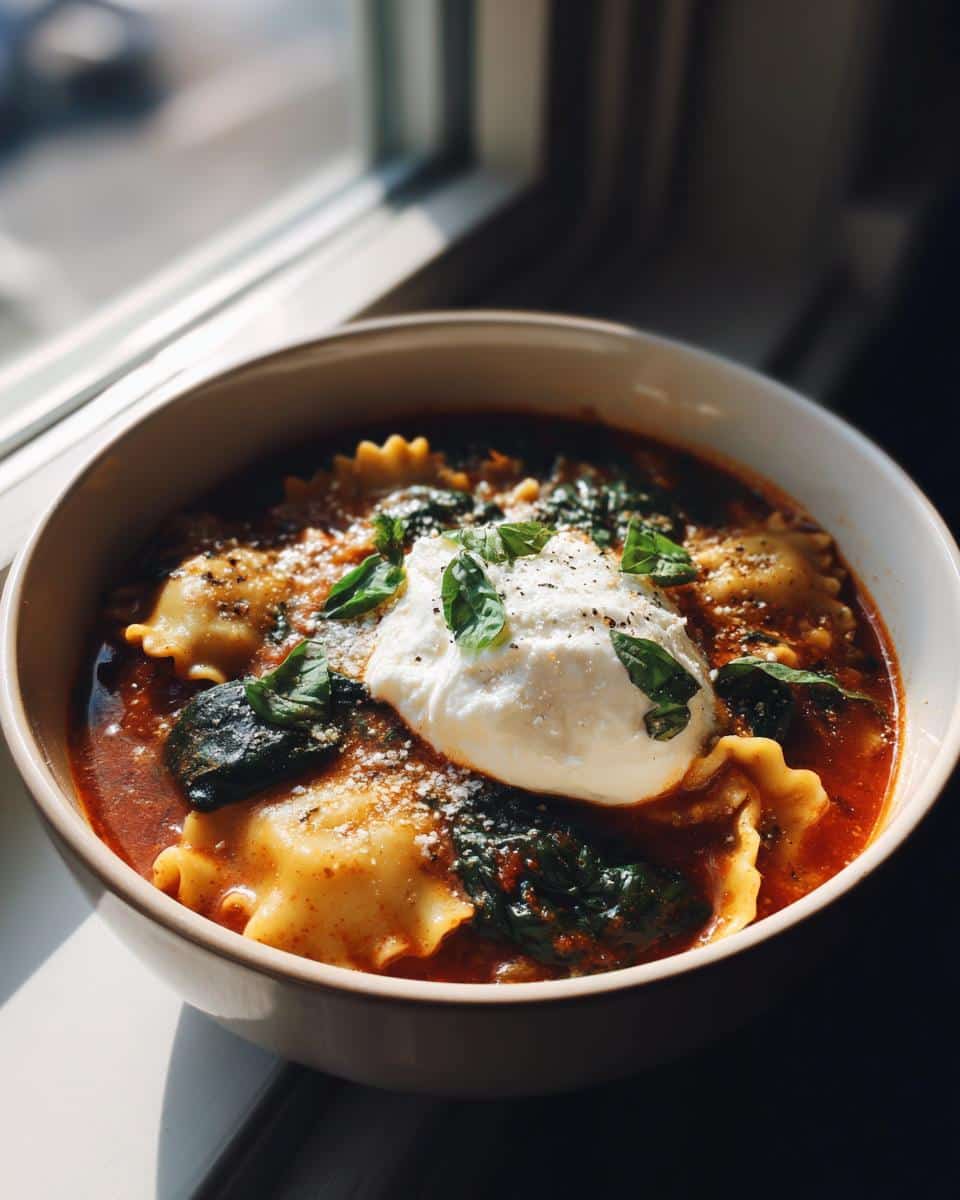 A bowl of easy lasagna soup recipe featuring ravioli, spinach, and a dollop of ricotta cheese.