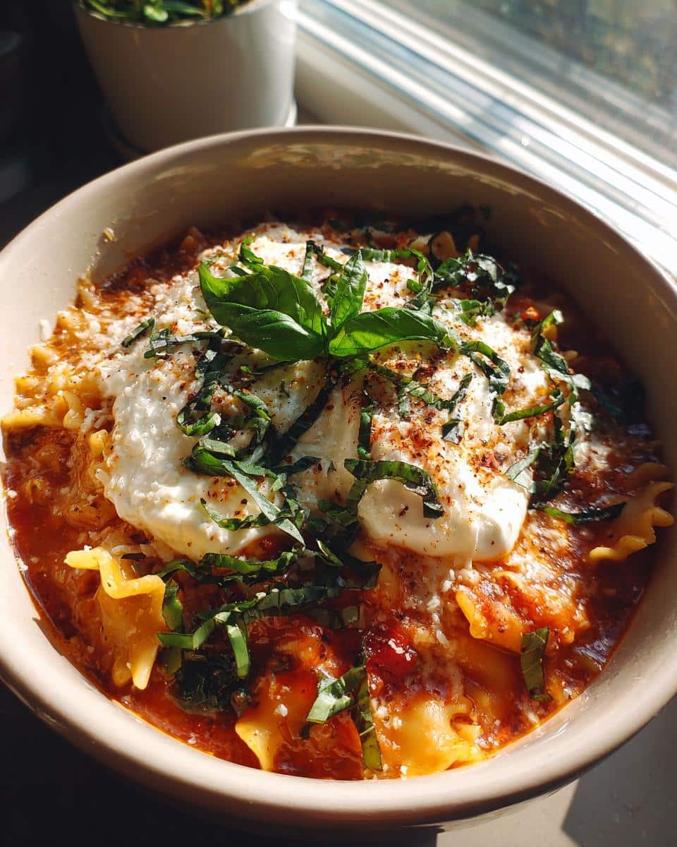A bowl of Easy Lasagna Soup Recipe topped with creamy ricotta, fresh basil, and grated cheese.