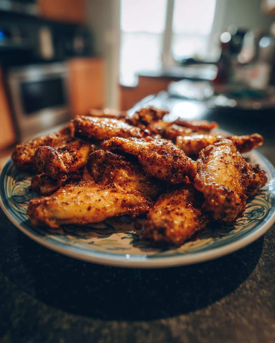 A plate piled high with crispy, golden-brown easy lemon pepper wings air fryer.
