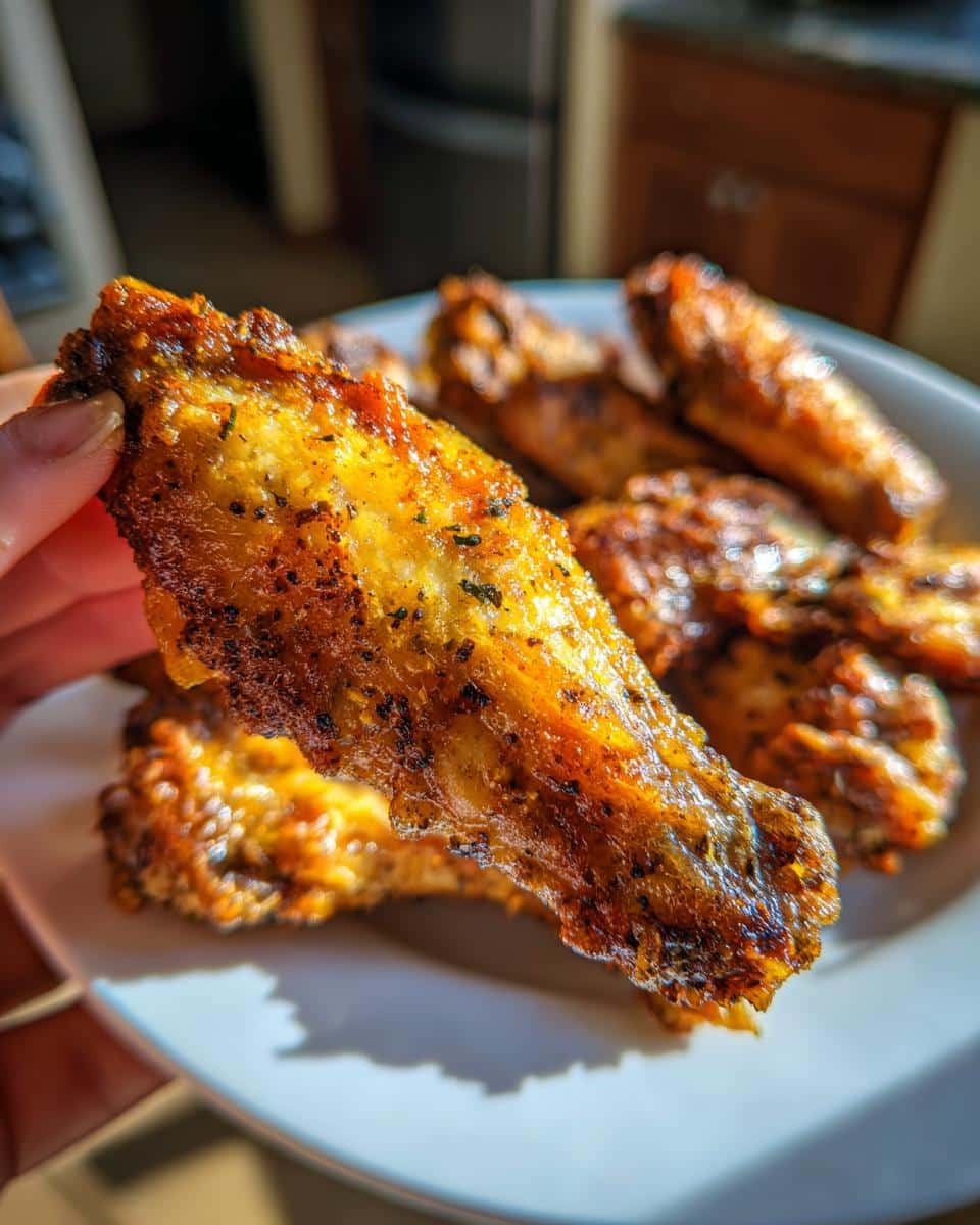 Close-up of a hand holding a crispy, golden-brown easy lemon pepper wings air fryer wing, seasoned with herbs and spices.