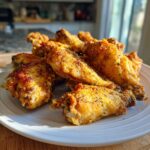 A pile of golden brown, crispy easy lemon pepper wings air fryer on a white plate.