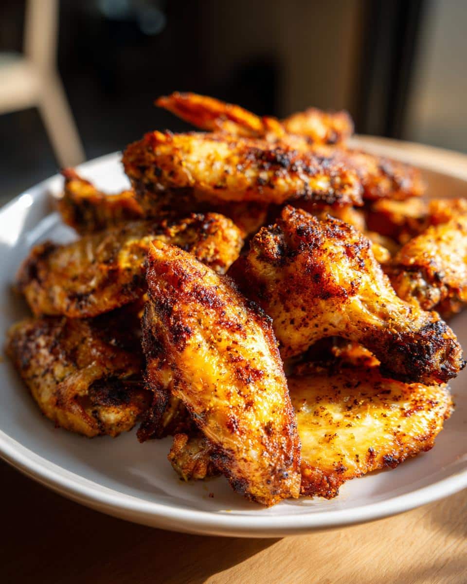 A pile of golden brown, crispy easy lemon pepper wings air fryer on a white plate, seasoned with pepper.