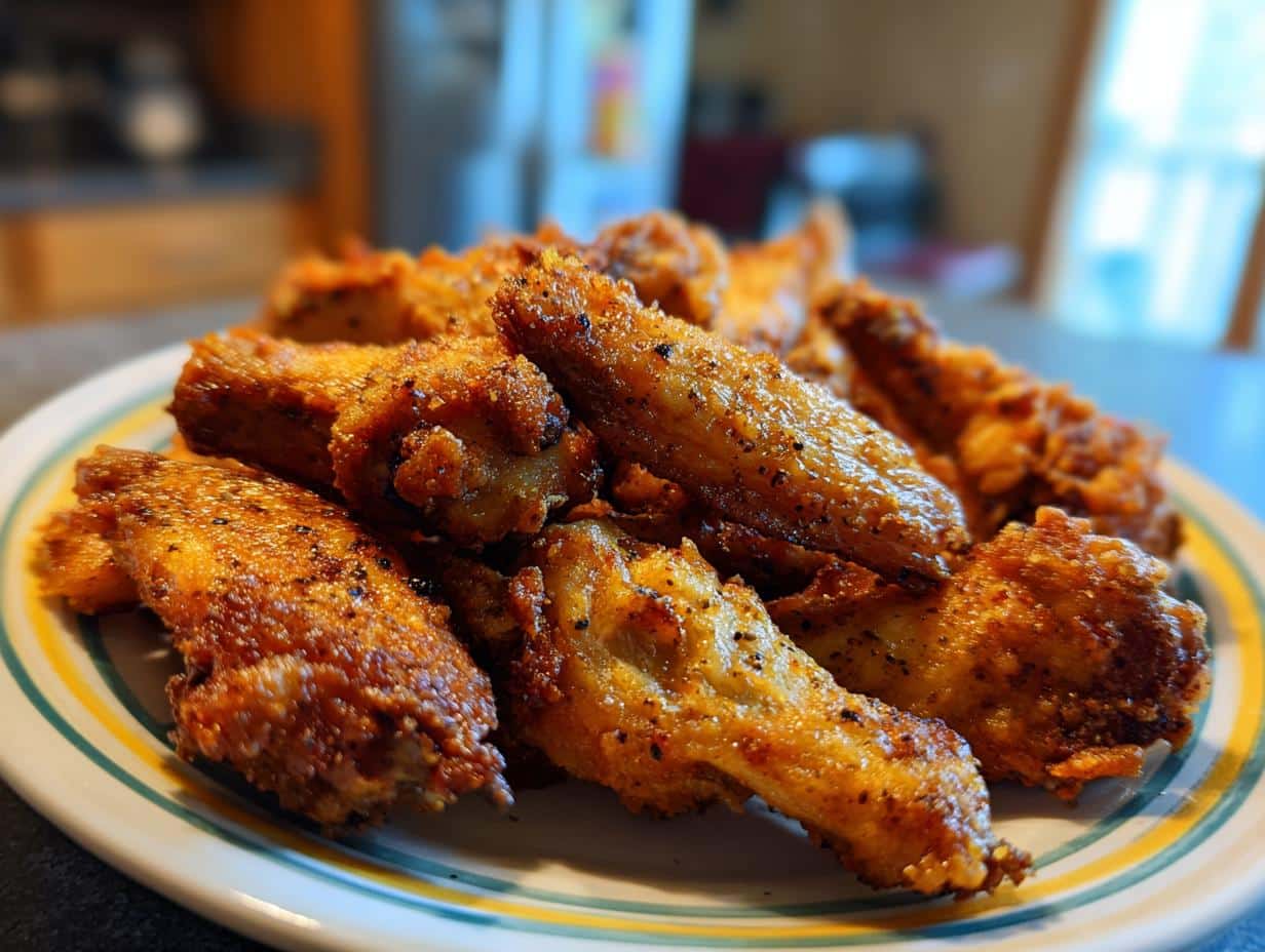 A plate piled high with golden brown, crispy easy lemon pepper wings air fryer.