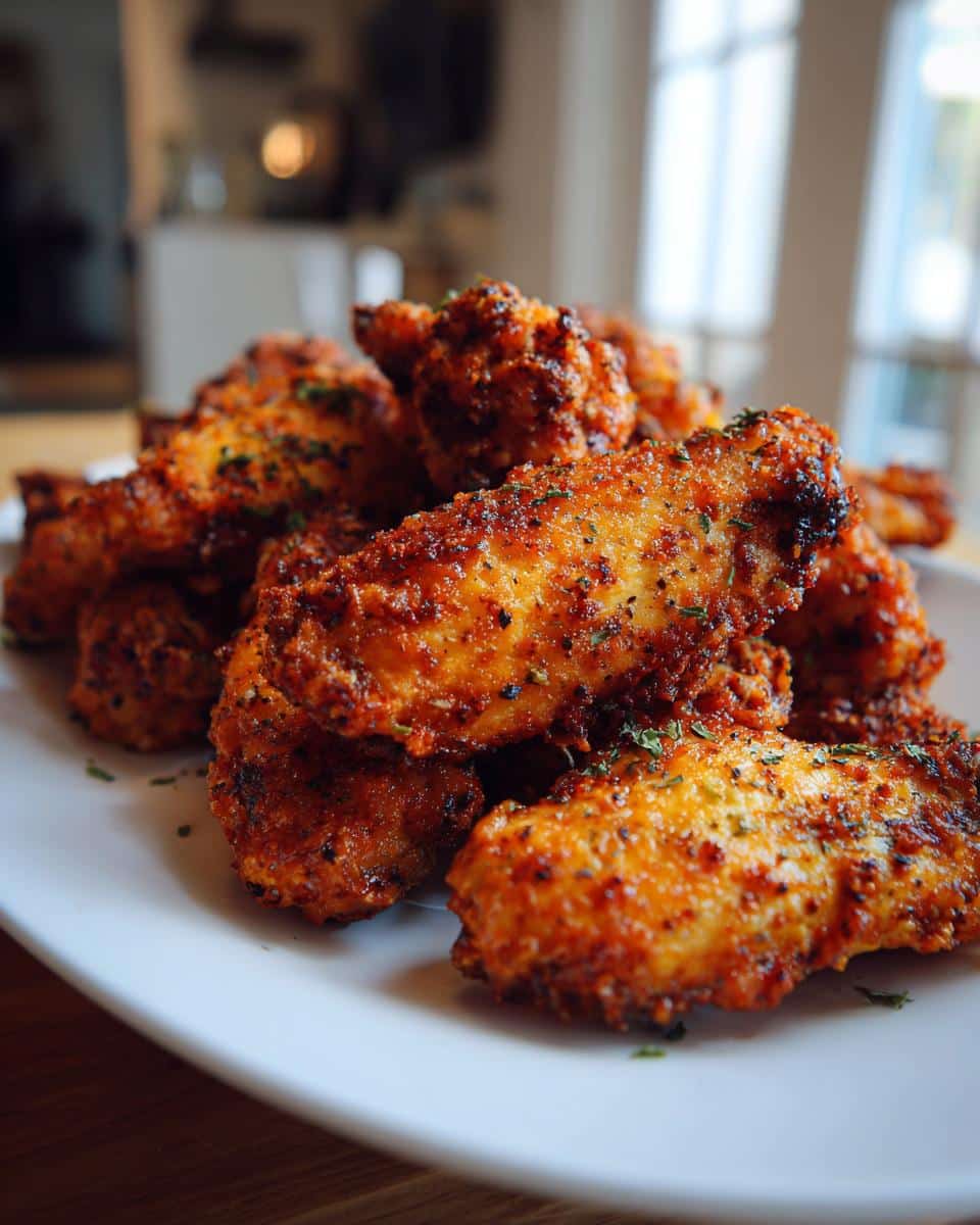 A pile of golden brown, crispy air fryer lemon pepper wings seasoned with herbs on a white plate.