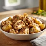 A bowl of easy meal prep crockpot chicken and potatoes seasoned with herbs and spices.