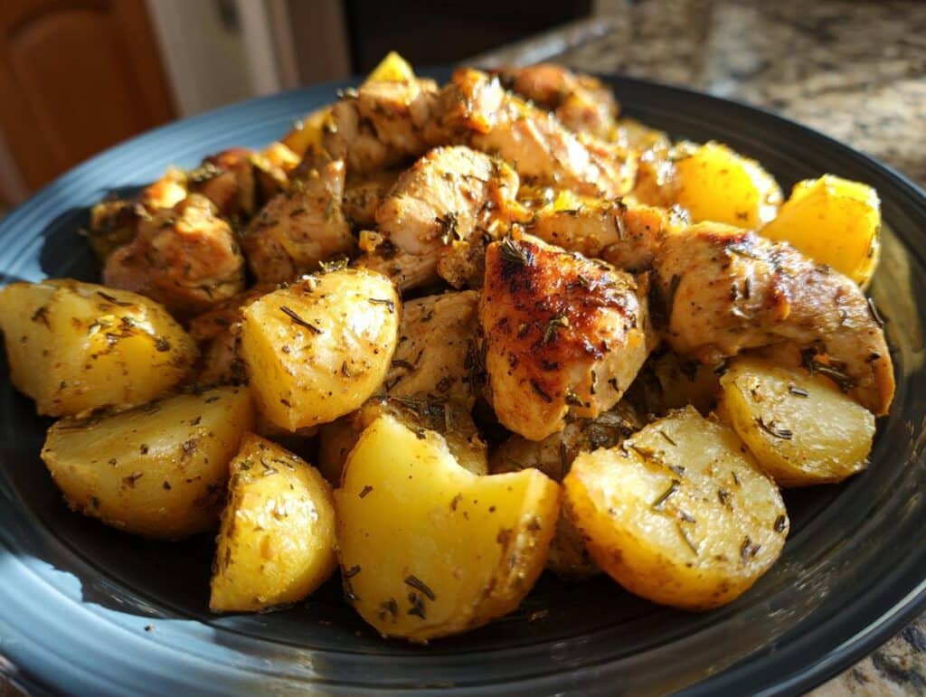 A close-up of a dark blue plate filled with tender chicken pieces and golden-brown roasted potatoes seasoned with herbs.