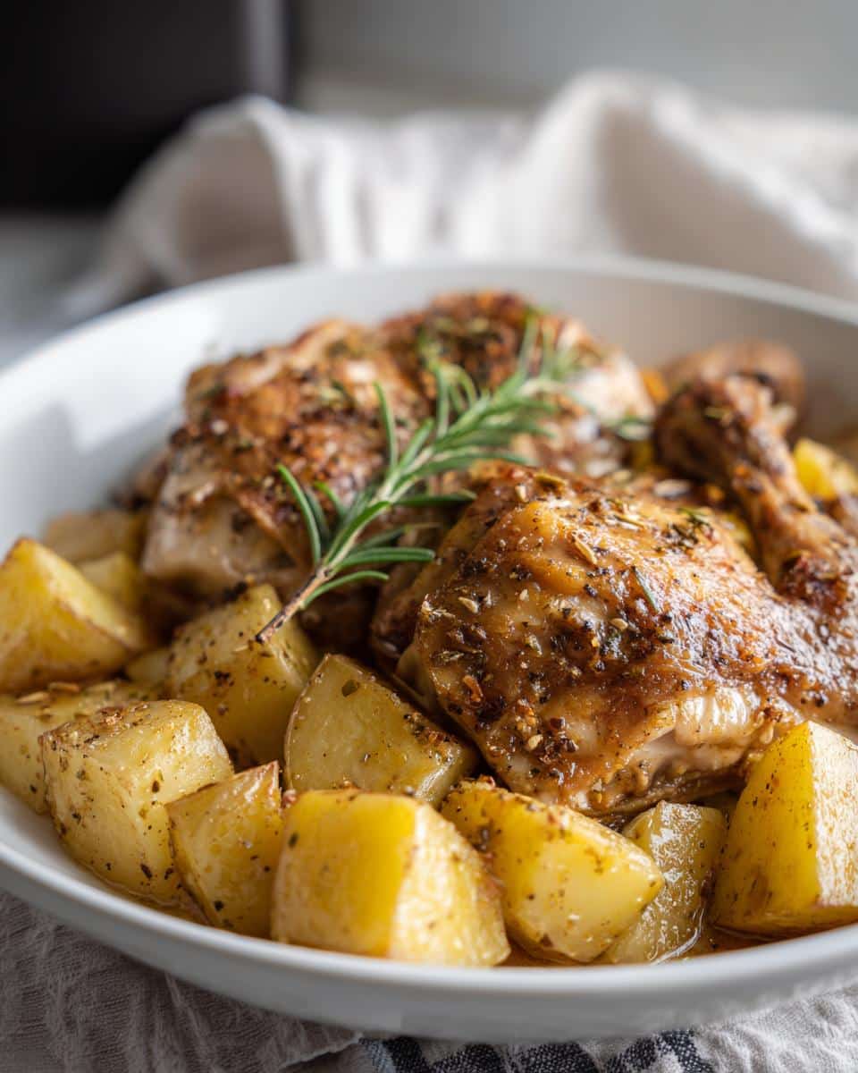 A white bowl filled with tender chicken pieces and golden roasted potatoes, seasoned with herbs for an easy meal prep crockpot chicken potatoes.