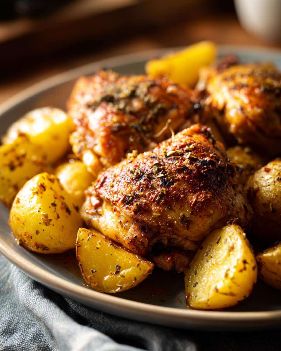 Close-up of a plate of easy meal prep crockpot chicken and potatoes, seasoned with herbs.