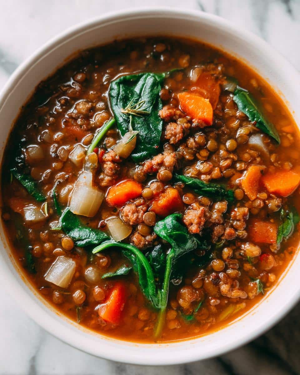 Close-up of a bowl of hearty lentil soup with sausage, carrots, and spinach, an easy one pot soup recipe.