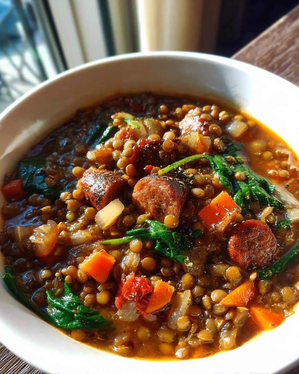Close-up of a bowl of hearty lentil soup with sausage, carrots, and spinach, showcasing one of the easy one pot soup recipes.