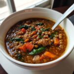 A close-up of a bowl of hearty lentil and sausage soup, featuring lentils, ground meat, carrots, and spinach. Part of easy one pot soup recipes.