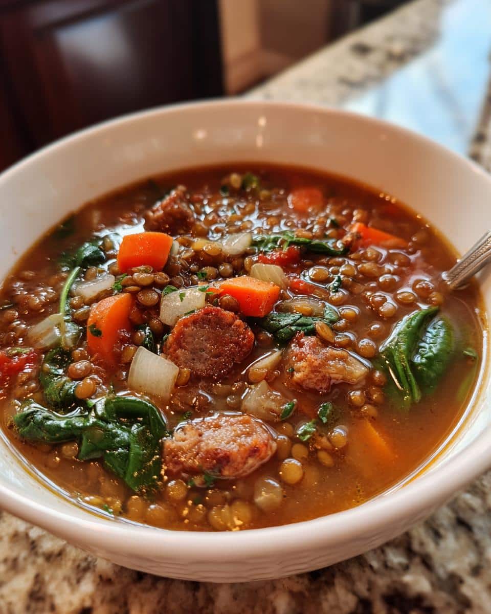A close-up of a bowl of hearty lentil soup with sausage, carrots, onions, and spinach, perfect for easy one pot soup recipes.
