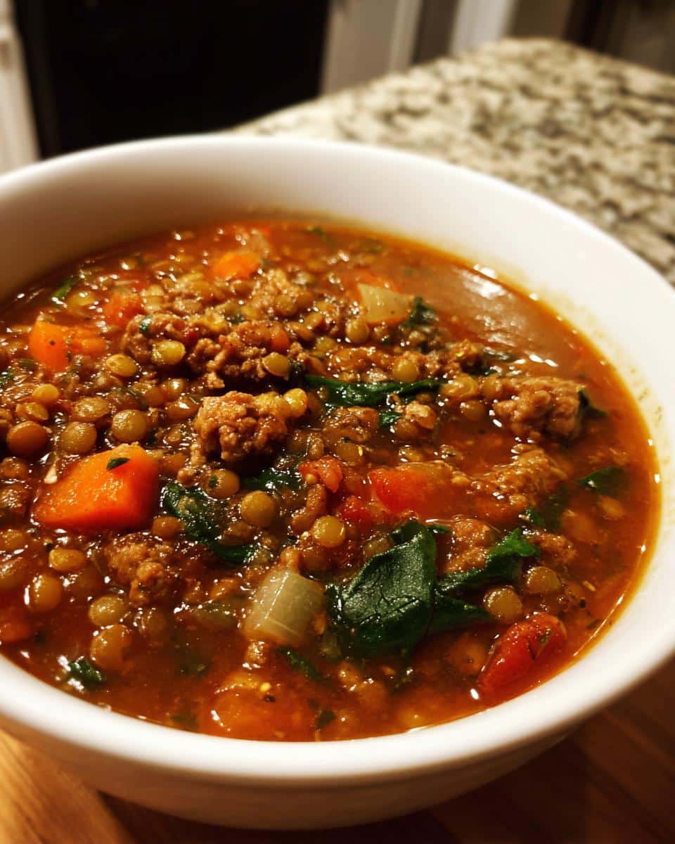 A close-up of a bowl filled with hearty lentil and sausage soup, featuring carrots, spinach, and tomatoes.