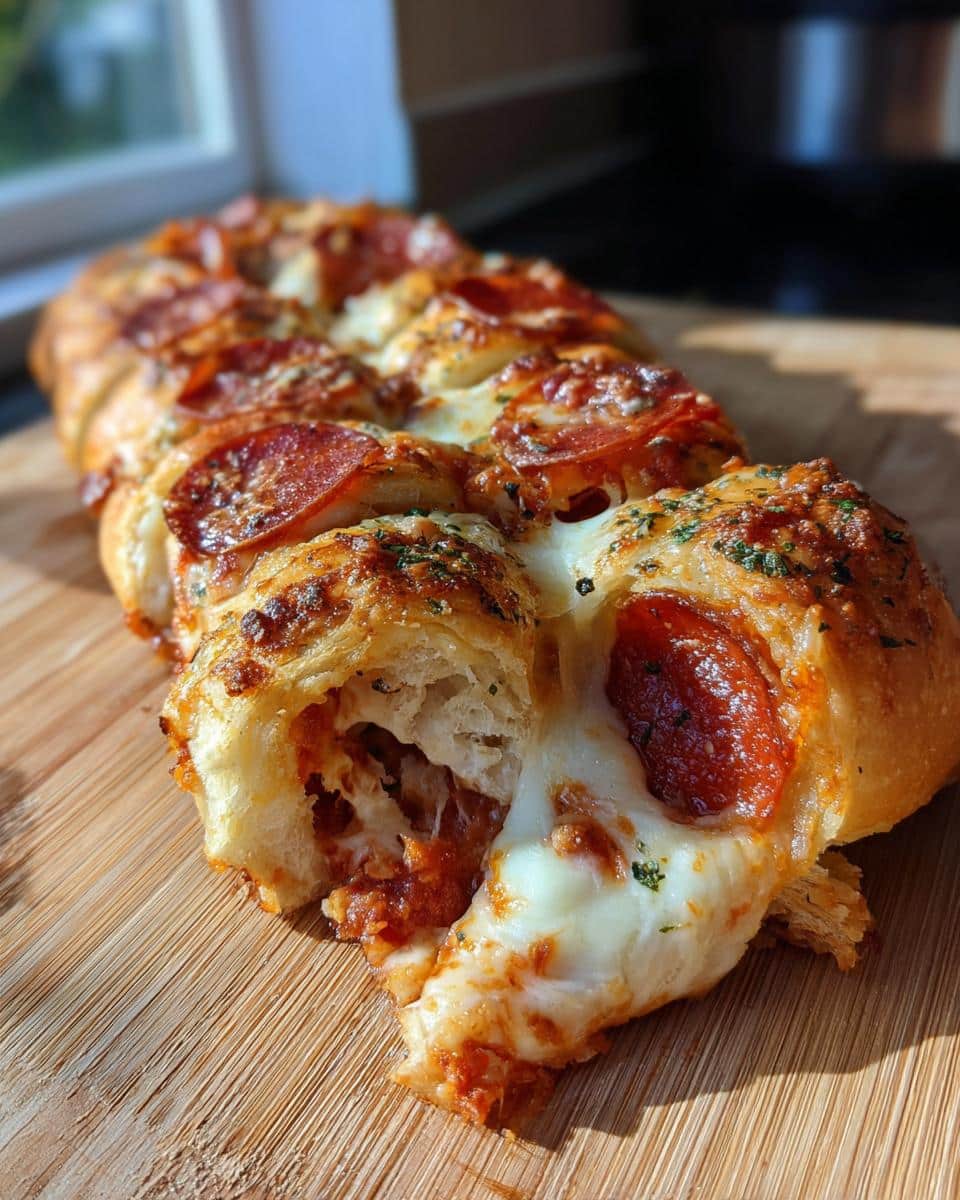 Close-up of a braided easy pizza appetizer filled with pepperoni, melted cheese, and sauce.