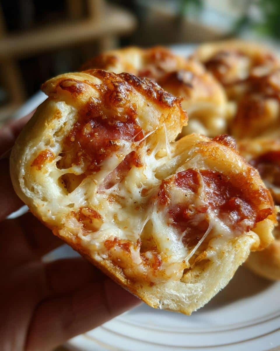 A hand holds a piece of a delicious easy pizza appetizer, showing gooey melted cheese and pepperoni.
