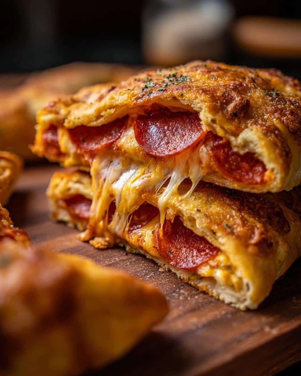 Close-up of easy pepperoni pizza appetizers, showing gooey melted cheese and pepperoni slices.
