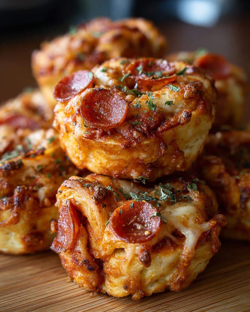 Close-up of a stack of easy pizza appetizers topped with pepperoni, melted cheese, and parsley.