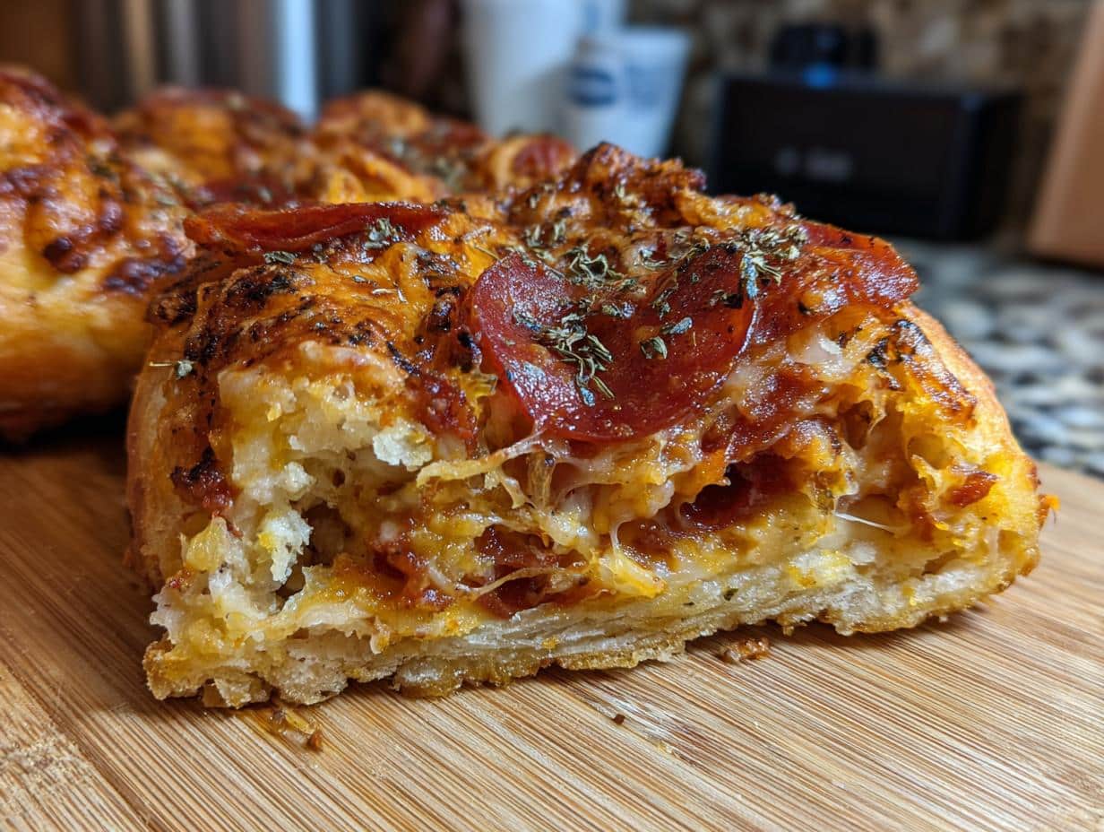 Close-up of a slice of easy pizza appetizers, featuring pepperoni, melted cheese, and herbs on a wooden board.
