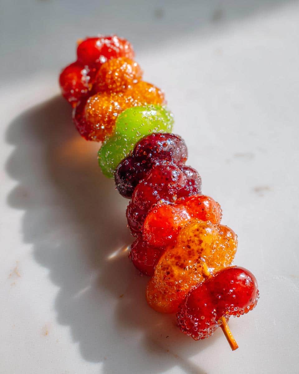 A close-up of a skewer with various colorful fruits coated in hardened sugar, showcasing an Easy Tanghulu Recipe.