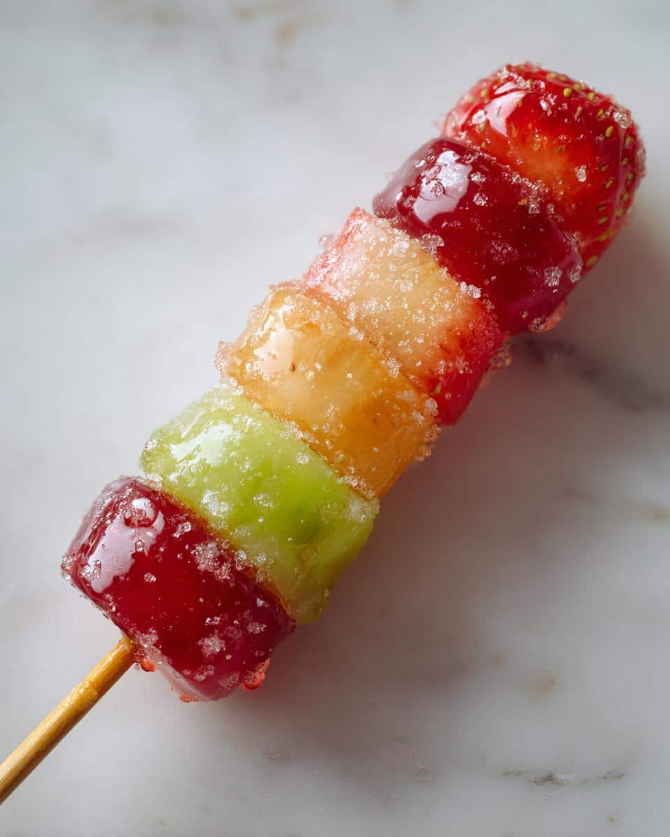 A close-up of an Easy Tanghulu Recipe skewer featuring a strawberry, grapes, and other fruits coated in a glistening sugar shell.