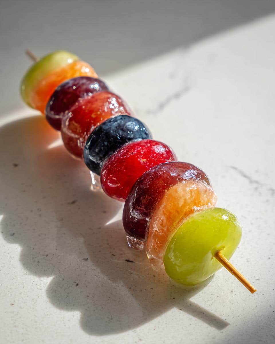 A close-up of a skewer with colorful fruits coated in hard candy for an Easy Tanghulu Recipe.
