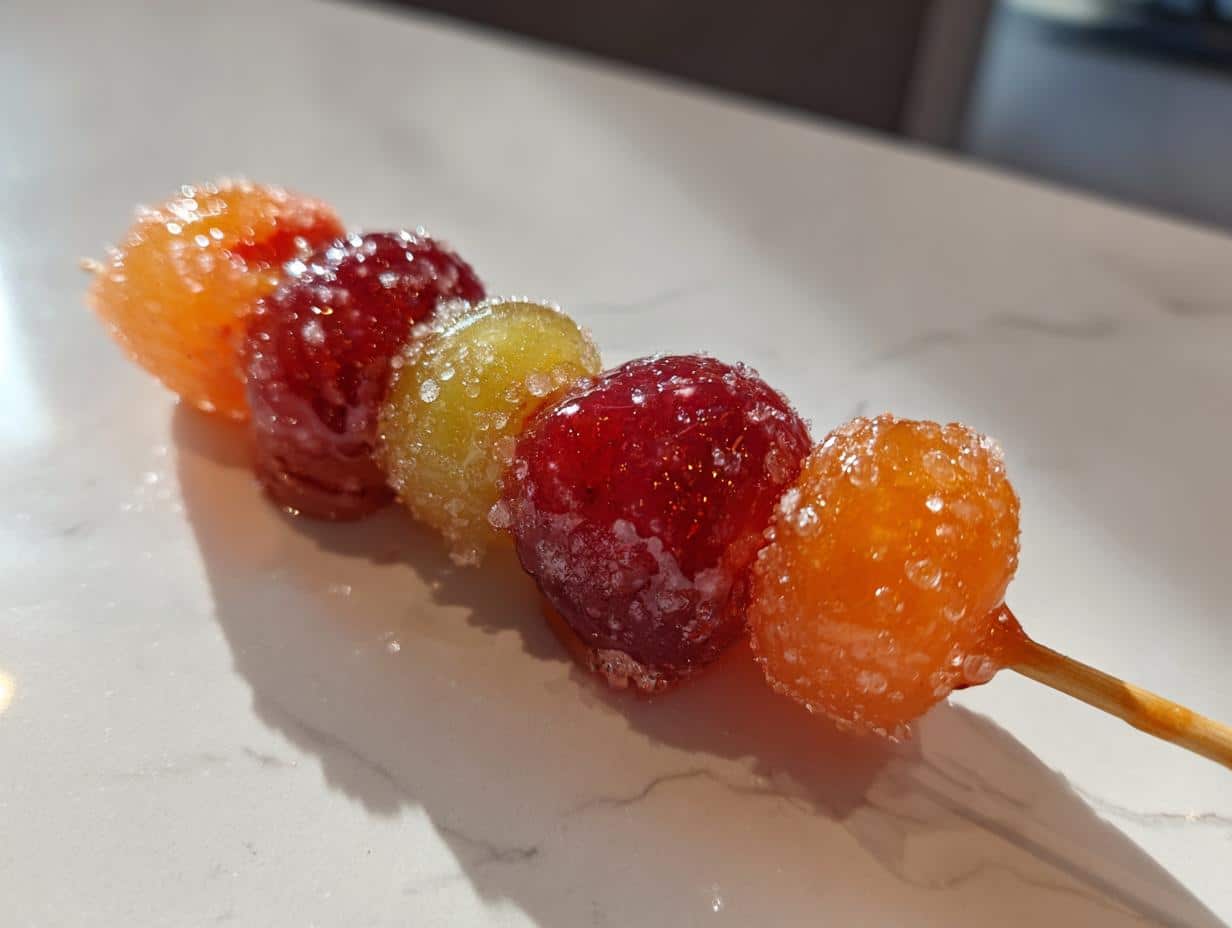 A close-up of an Easy Tanghulu Recipe skewer with colorful candied grapes and oranges, glistening with sugar.