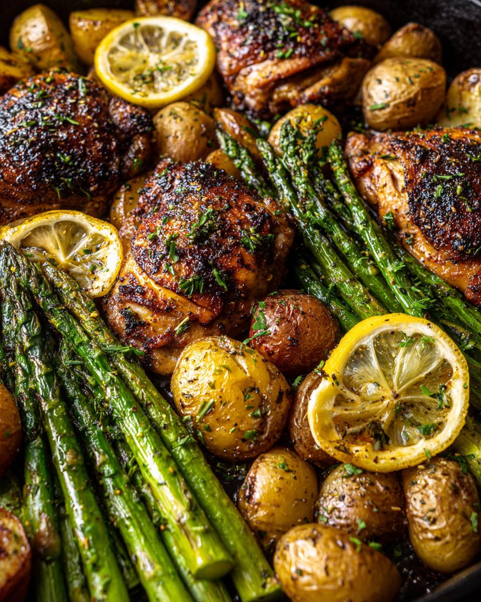 Close-up of a sheet pan dinner with roasted chicken thighs, baby potatoes, asparagus, and lemon slices.