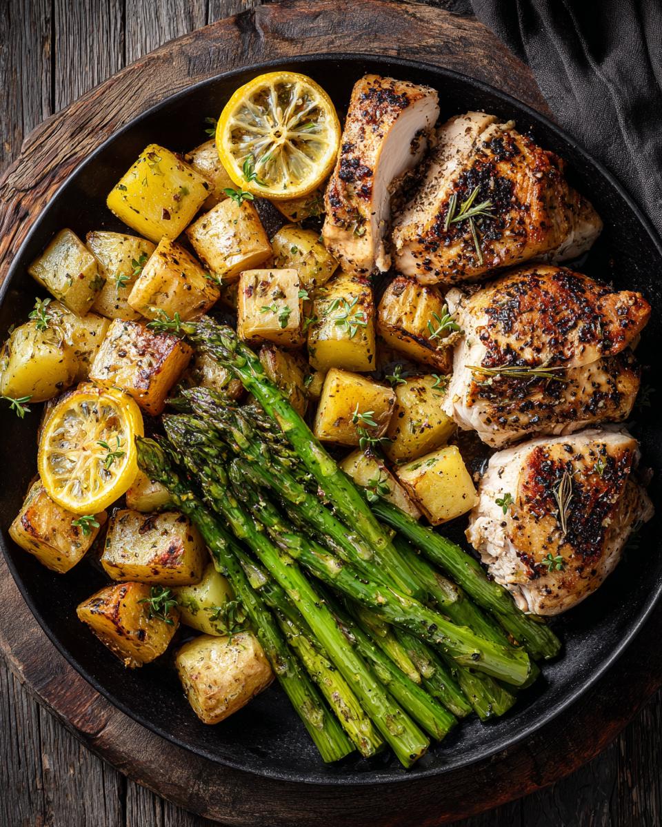 A delicious and easy weeknight dinner featuring roasted chicken, crispy potatoes, and fresh asparagus, perfect for menu planning.